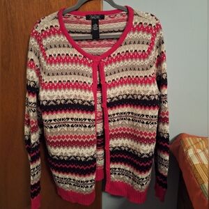 Crystal Kobe Women's Button Down Cardigan- Red Cream Black Tan Size L
